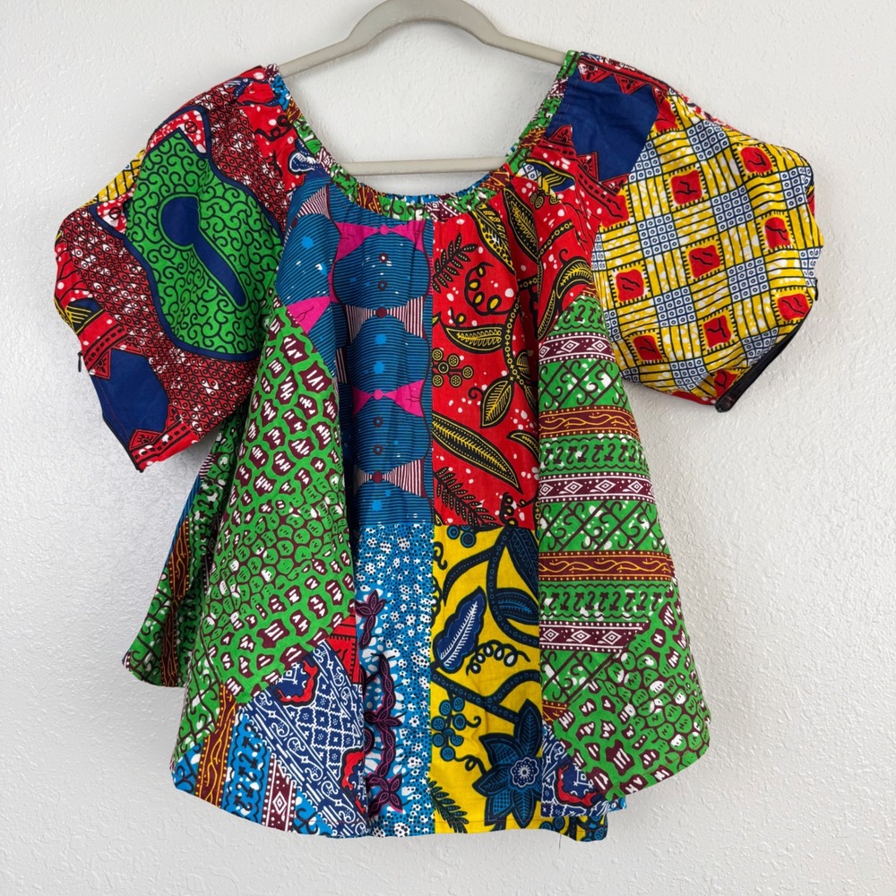 NWT NF Patchwork Cotton Top  African Wax Print Puff Sleeve bell Blouse OS